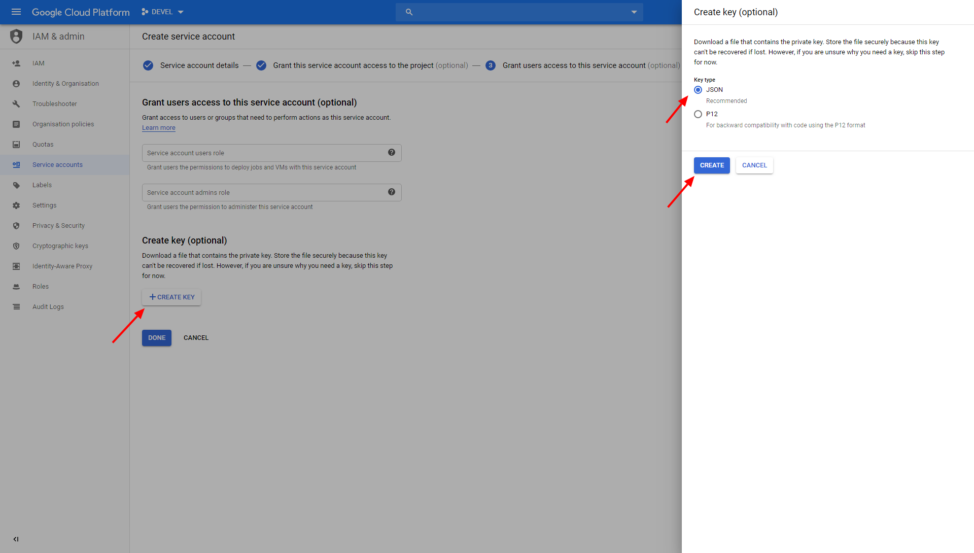 Screenshot - Create service account