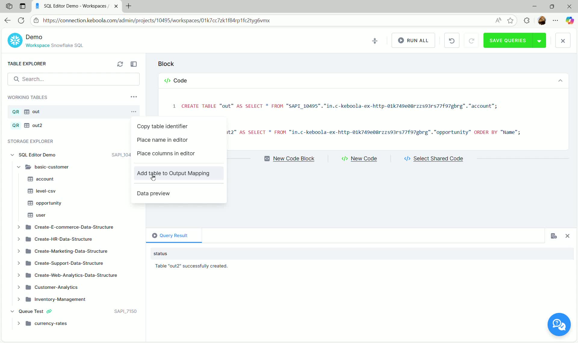 SQL Editor - Context menu showing Add table to Output Mapping option